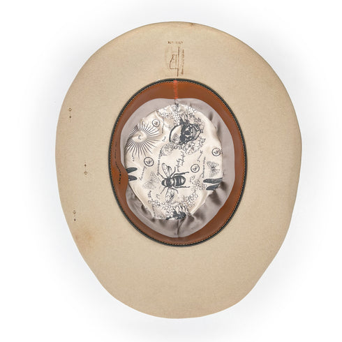 lined in silks and leather + with under-brim burn accents<span class='visuallyhidden'>; 323-404-2959 for shop help.</span>