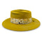 Sunny Side, a twist-front designer fedora in mustard with diamond-kissed gold, silk, and burn motif accents <span class='visuallyhidden'>Text, call 323-404-2959 for shop help.</span>