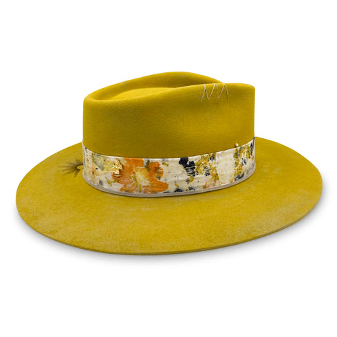 right side includes a diamond-kissed butterfly; a hat pin; and hand-stitched embroidery <span class='visuallyhidden'>Text, call 323-404-2959 for shop help.</span>