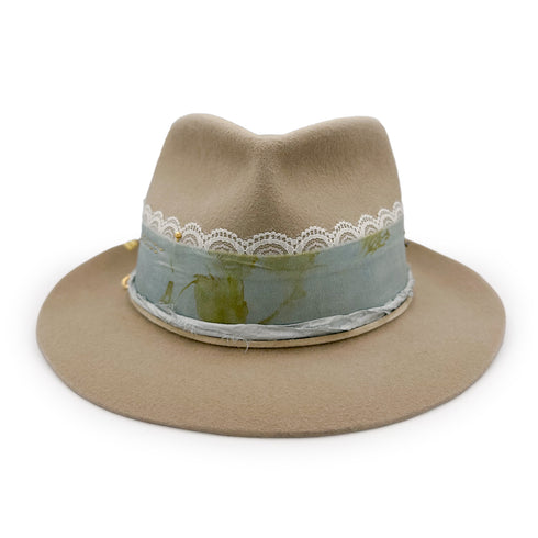 head on view includes an 18k gold plated hat pin (tucked into the ribbons) <span class='visuallyhidden'>Call, text 323-404-2959 for shop help.</span>
