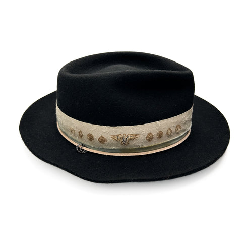 Free Bird, a designer black, crushable fedora by Dominique Cohen, left profile<span class='visuallyhidden'>; shop help at 760-978-9297.</span>