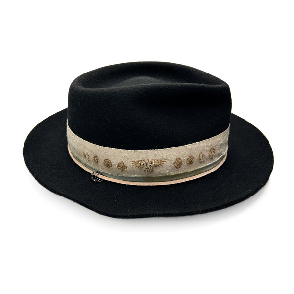 Free Bird, a designer black, crushable fedora by Dominique Cohen, left profile<span class='visuallyhidden'>; shop help at 760-978-9297.</span>