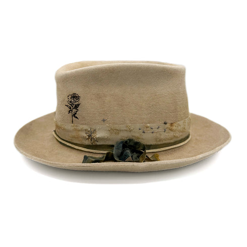 Thinkin Bout Love designer hat, right profile, a unique, stylish shaping accented with a rose burn, sashiko stitchwork, and custom textiles<span class='visuallyhidden'>; shop help at 760-978-9297.</span>