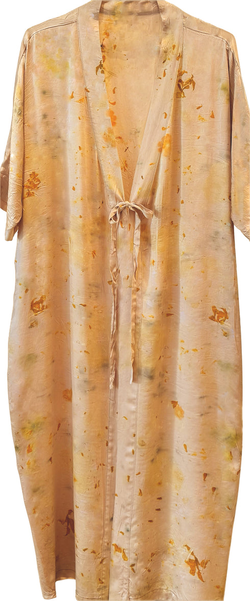 limited edition silk floral dyed kimono in avocado + flowers <span class='visuallyhidden'>Phone or text 323-404-2959 for shopping assistance</span>