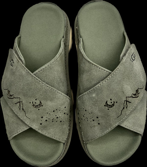 cross slide in moss green, size 6 with custom mountain + star detail <span class='visuallyhidden'>Call, text 323-404-2959 for shopping help.</span>