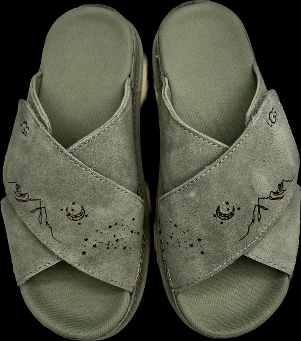 cross slide in moss green, size 6 with custom mountain + star detail <span class='visuallyhidden'>Call, text 323-404-2959 for shopping help.</span>