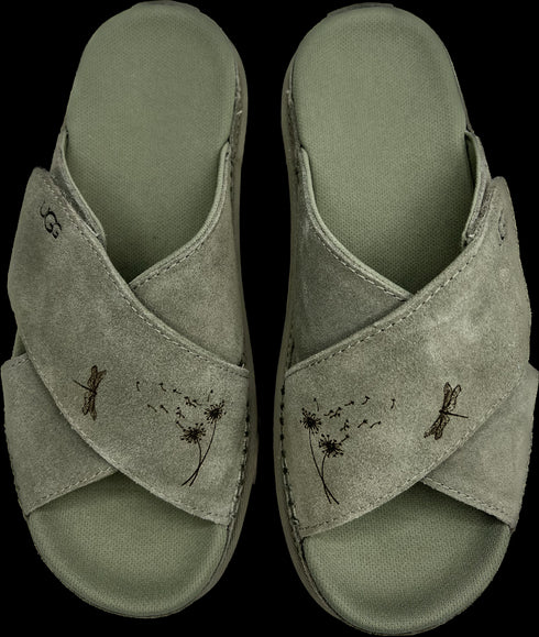 cross slide in moss green in size 8, with dandelion & dragonfly burn detail <span class='visuallyhidden'>Call, text 323-404-2959 for shopping help.</span>