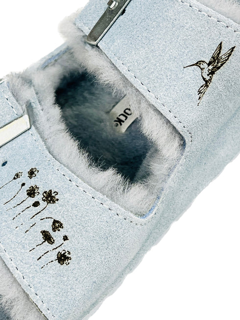 shearling sued sandal in light blue size 9 with flowers + hummingbird burn detail <span class='visuallyhidden'>Text, phone 323-404-2959 for shopping assistance.</span>