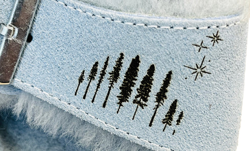 shearling sued sandal in light blue size 8 with redwoods + Northstar burn detail <span class='visuallyhidden'>Text, phone 323-404-2959 for shopping assistance.</span>