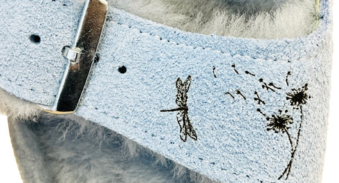 shearling sued sandal in light blue size 6 with dandelion + dragonfly burn detail <span class='visuallyhidden'>Text, phone 323-404-2959 for shopping assistance.</span>