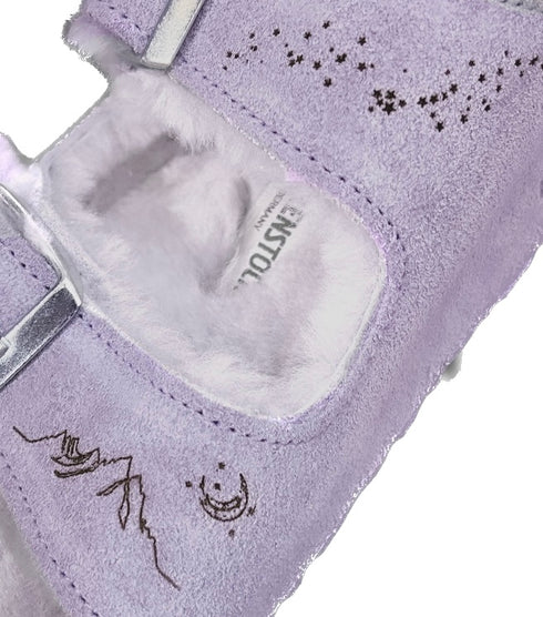 shearling suede sandal in purple fog size 6, with mountain + stars custom detail <span class='visuallyhidden'>Call, text 323-404-2959 for shopping help.</span>