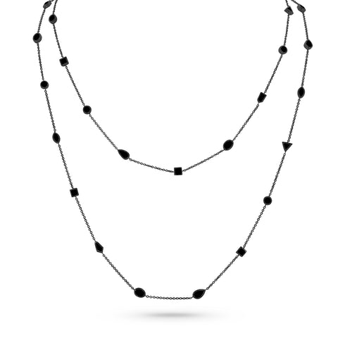 bezel set delicate station necklace of five geometric shapes<br>in black diamonds and 18k black gold <span class='visuallyhidden'>Text, phone 323-404-2959 for shopping assistance.</span>