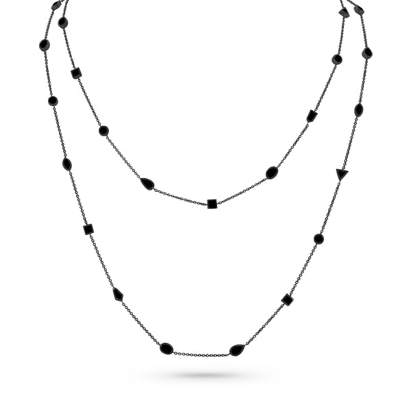 bezel set delicate station necklace of five geometric shapes<br>in black diamonds and 18k black gold <span class='visuallyhidden'>Text, phone 323-404-2959 for shopping assistance.</span>