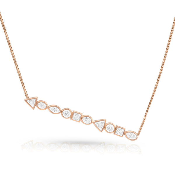 horizontal mixed shapes diamonds pendant necklace, in white diamonds and rose gold <span class='visuallyhidden'>Call, text 323-404-2959 for shopping help.</span>