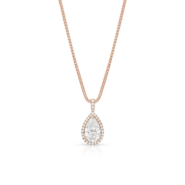 diamond pear halo pendant necklace in 18k rose gold with 22in adjustable length chain<span class='visuallyhidden'>; shop help at 760-978-9297.</span>