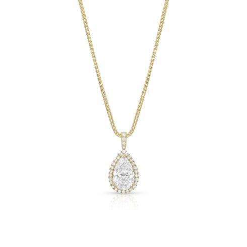 diamond pear halo pendant necklace in 18k yellow gold with 22in adjustable length chain<span class='visuallyhidden'>; shop help at 760-978-9297.</span>
