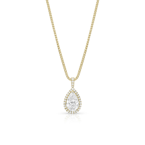 diamond pear halo pendant necklace in 18k yellow gold with 22in adjustable length chain<span class='visuallyhidden'>; shop help at 760-978-9297.</span>