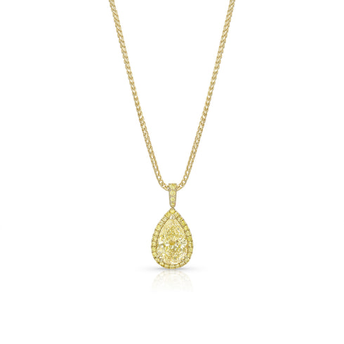 Dominique Cohen yellow diamond pear pendant necklace with halo in 18K yellow gold<span class='visuallyhidden'>; shop help at 760-978-9297.</span>