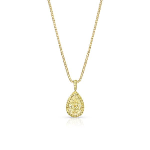 Dominique Cohen yellow diamond pear pendant necklace with halo in 18K yellow gold<span class='visuallyhidden'>; shop help at 760-978-9297.</span>