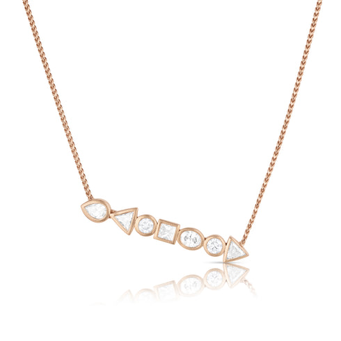 horizontal mixed shapes pendant necklace, petite version, in white diamonds and rose gold <span class='visuallyhidden'>Call, text 323-404-2959 for shopping help.</span>