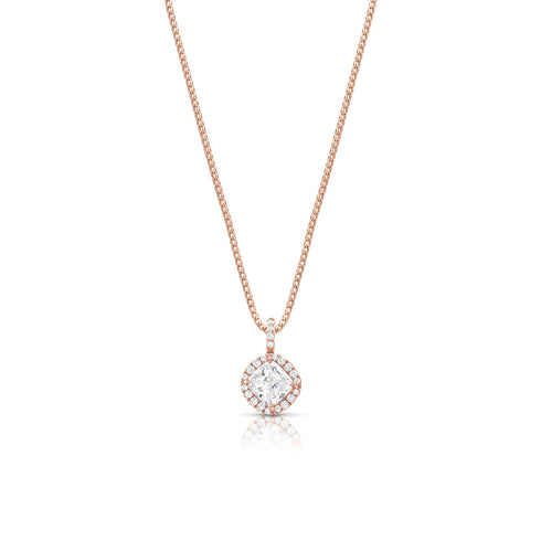 Rose gold cushion cut diamond pendant necklace with diamond-kissed halo and bail <span class='visuallyhidden'>Call, text 323-404-2959 for shopping help.</span>