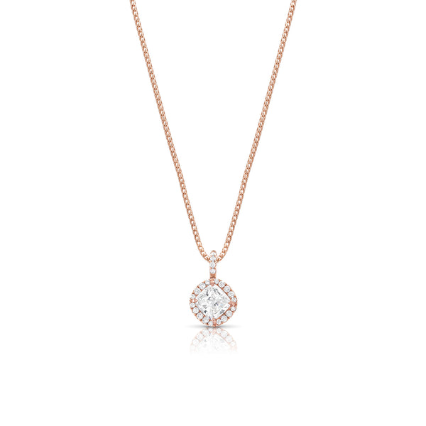 Rose gold cushion cut diamond pendant necklace with diamond-kissed halo and bail <span class='visuallyhidden'>Call, text 323-404-2959 for shopping help.</span>