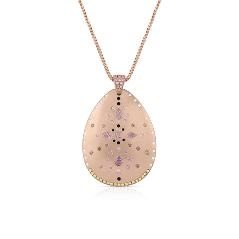 One of a kind teardrop shield pendant necklace, an artful array of pink, yellow, champagne, black, and white diamonds in 18k rose gold <span class='visuallyhidden'>; shop help at 760-978-9297.</span>