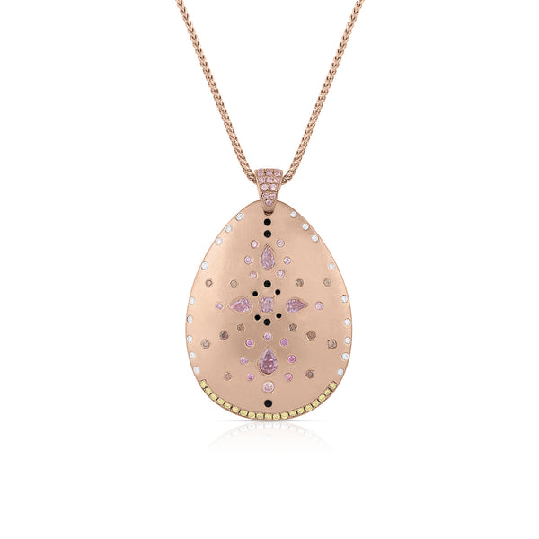 One of a kind teardrop shield pendant necklace, an artful array of pink, yellow, champagne, black, and white diamonds in 18k rose gold <span class='visuallyhidden'>; shop help at 760-978-9297.</span>