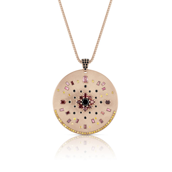 pink diamond, black diamond, yellow diamond mosaic artistry, nestled in rose gold <span class='visuallyhidden'>Call or text 323-404-2959 if you need shopping assistance.</span>