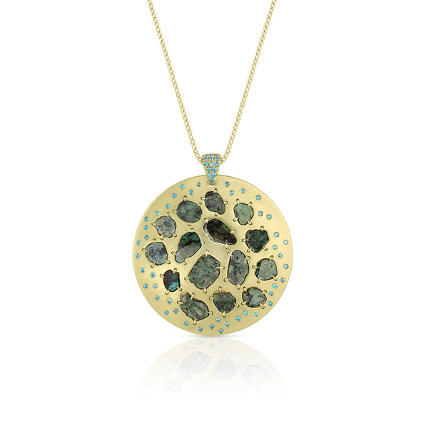 limited edition sliced blue diamond, faceted blue diamond large shield pendant necklace<br>in artfully brushed 18k yellow gold <span class='visuallyhidden'>Text, phone 323-404-2959 for shopping assistance.</span>