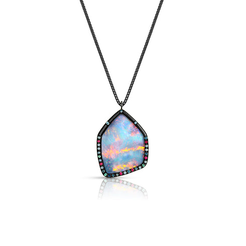 o.a.k. Australian opal, blue diamond, ruby, emerald 18k black gold pendant necklace by Dominique Cohen<span class='visuallyhidden'>; shop help at 760-978-9297.</span>