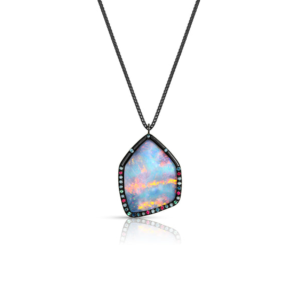 o.a.k. Australian opal, blue diamond, ruby, emerald 18k black gold pendant necklace by Dominique Cohen<span class='visuallyhidden'>; shop help at 760-978-9297.</span>