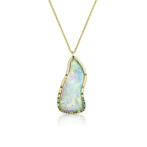 freeform Australian opal 18k gold pendant necklace with emerald, blue diamond, yellow diamond detail<span class='visuallyhidden'>; shop help at 760-978-9297.</span>