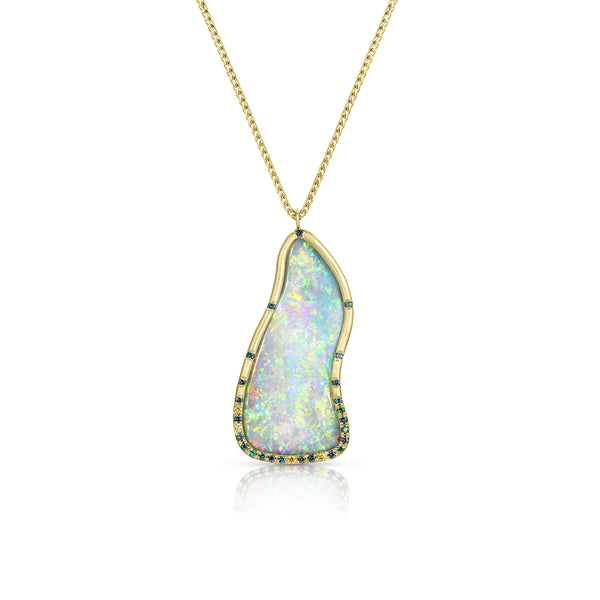freeform Australian opal 18k gold pendant necklace with emerald, blue diamond, yellow diamond detail<span class='visuallyhidden'>; shop help at 760-978-9297.</span>