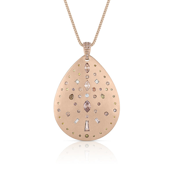 18k rose gold large teardrop pendant necklace<br>sparkling in an artful array of fancy diamond hues <span class='visuallyhidden'>Call or text 323-404-2959 if you need shopping assistance.</span>