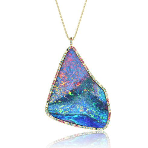extra large AAA Australian opal pendant necklace<br>with diamond, sapphire, emerald surround <span class='visuallyhidden'>Call, text 323-404-2959 for shopping assistance.</span>