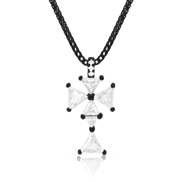 limited edition rose cut diamond trillion cross pendant necklace<br>in 18k black gold on a black gold chain <span class='visuallyhidden'>Text, phone 323-404-2959 for shopping assistance.</span>