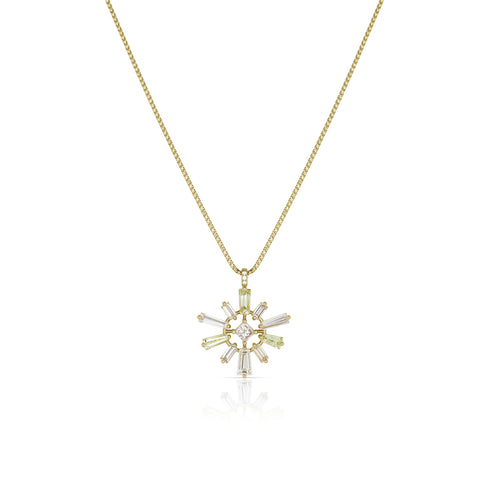 Dominique Cohen one of a kind white diamond, grey diamond, green diamond baguette sunburst pendant necklace in 18k gold <span class='visuallyhidden'>Text, phone 323-404-2959 for shopping assistance.</span>