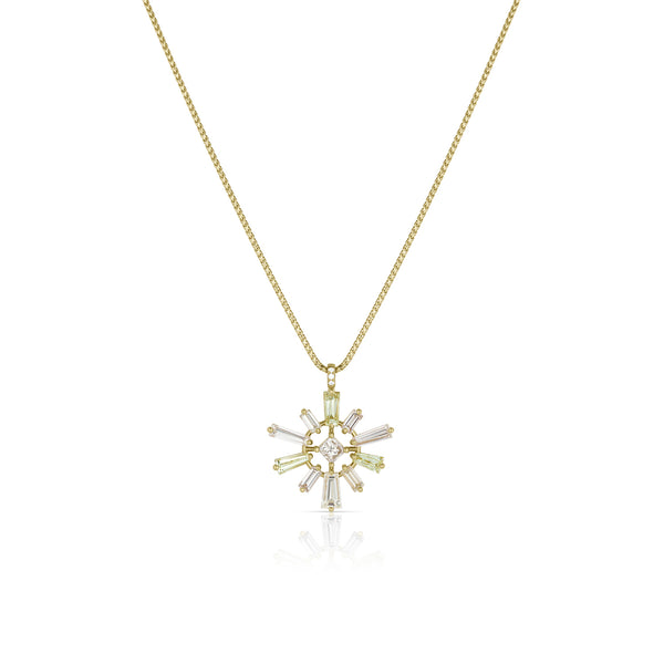 Dominique Cohen one of a kind white diamond, grey diamond, green diamond baguette sunburst pendant necklace in 18k gold <span class='visuallyhidden'>Text, phone 323-404-2959 for shopping assistance.</span>