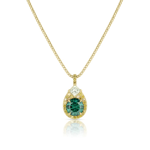 fancy green-blue diamond + yellow diamond 18k yellow gold teardrop pendant necklace<span class='visuallyhidden'>; shop help at 760-978-9297.</span>