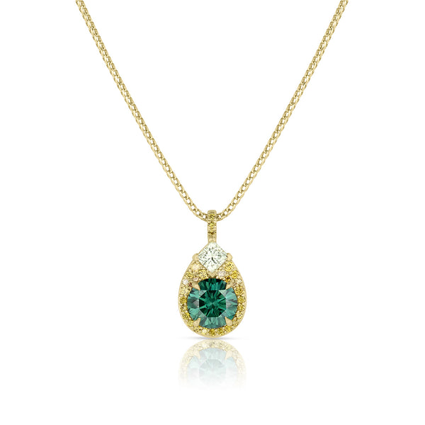 fancy green-blue diamond + yellow diamond 18k yellow gold teardrop pendant necklace<span class='visuallyhidden'>; shop help at 760-978-9297.</span>