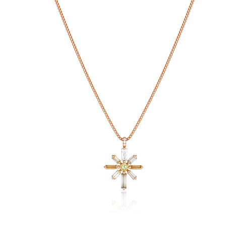 mixed natural fancy diamond baguette starburst pendant necklace<br>on of a kind, set in 18k rose gold <span class='visuallyhidden'>Text, phone 323-404-2959 for shopping assistance.</span>