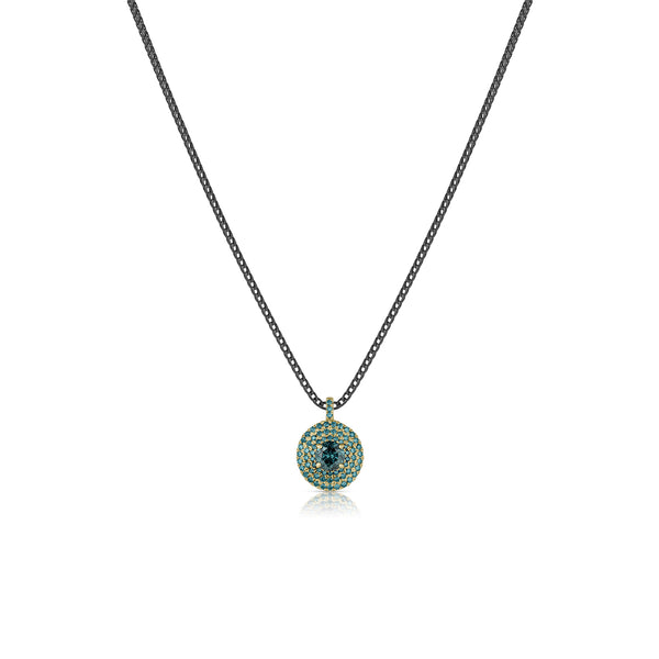 convex 18k yellow gold round blue diamond pendant necklace<br>on an 18k black gold adjustable length chain <span class='visuallyhidden'>Text, phone 323-404-2959 for shopping assistance.</span>