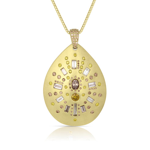 yellow diamond, champagne diamond, white diamond mixed shapes teardrop shield pendant necklace with diamodn mele pave <span class='visuallyhidden'>Call, text 323-404-2959 for shopping help.</span>