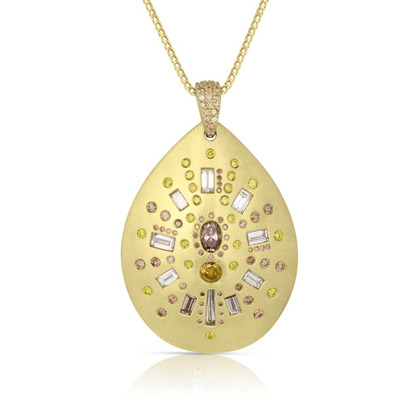 yellow diamond, champagne diamond, white diamond mixed shapes teardrop shield pendant necklace with diamodn mele pave <span class='visuallyhidden'>Call, text 323-404-2959 for shopping help.</span>