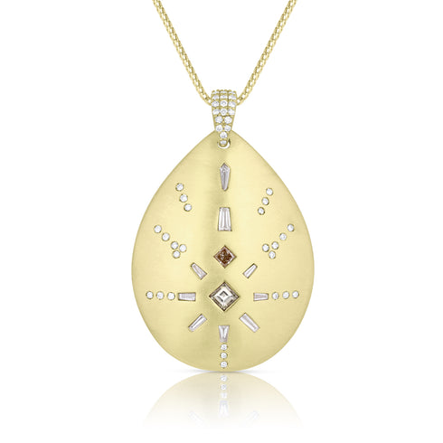 mixed colors, mixed shapes diamond teardrop shield,<br>in 18k yellow gold, <br>22 inch (adjustable), <br>1.077cts