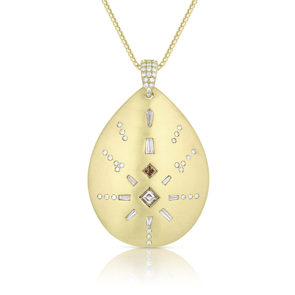 mixed colors, mixed shapes diamond teardrop shield,<br>in 18k yellow gold, <br>22 inch (adjustable), <br>1.077cts