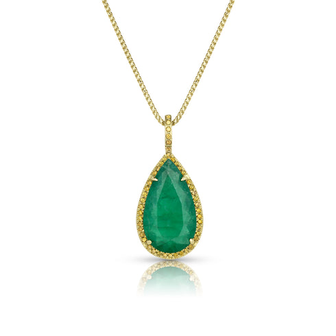 bespoke faceted emerald and yellow diamond teardrop pendant necklace in 18k yellow gold <span class='visuallyhidden'>Call, text 323-404-2959 for shop help.</span>