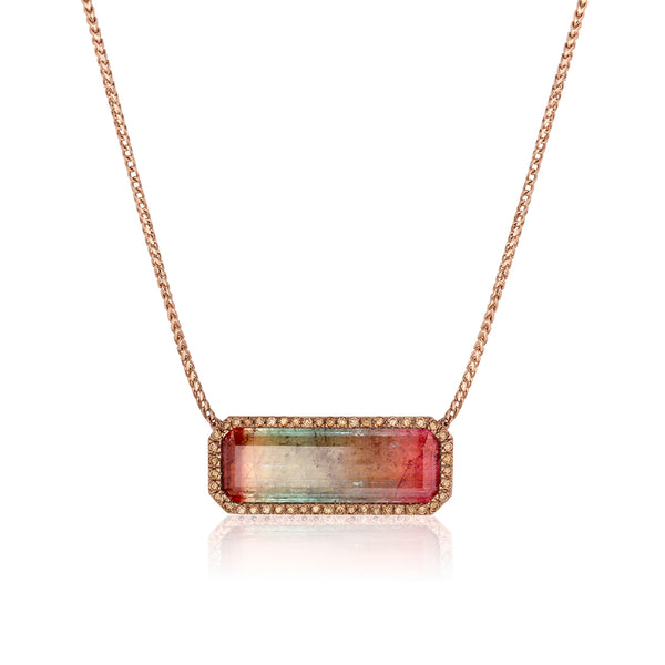 one of a kind banded tourmaline east-west pendant necklace with champagne diamonds in rose gold <span class='visuallyhidden'>Call, text 323-404-2959 for shop help.</span>