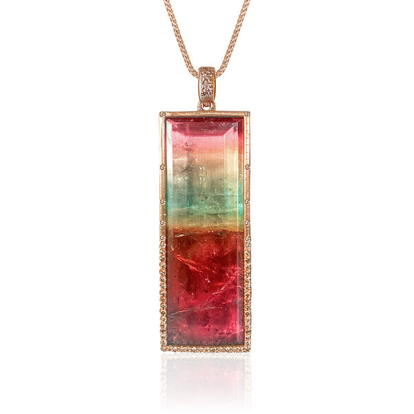 one of a kind banded tourmaline and champagne diamond pendant necklace in 18k rose gold <span class='visuallyhidden'>Call, text 323-404-2959 for shop help.</span>